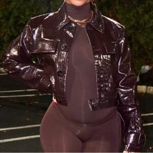 Zara Cropped Patent Leather Jacket - Dark Brown